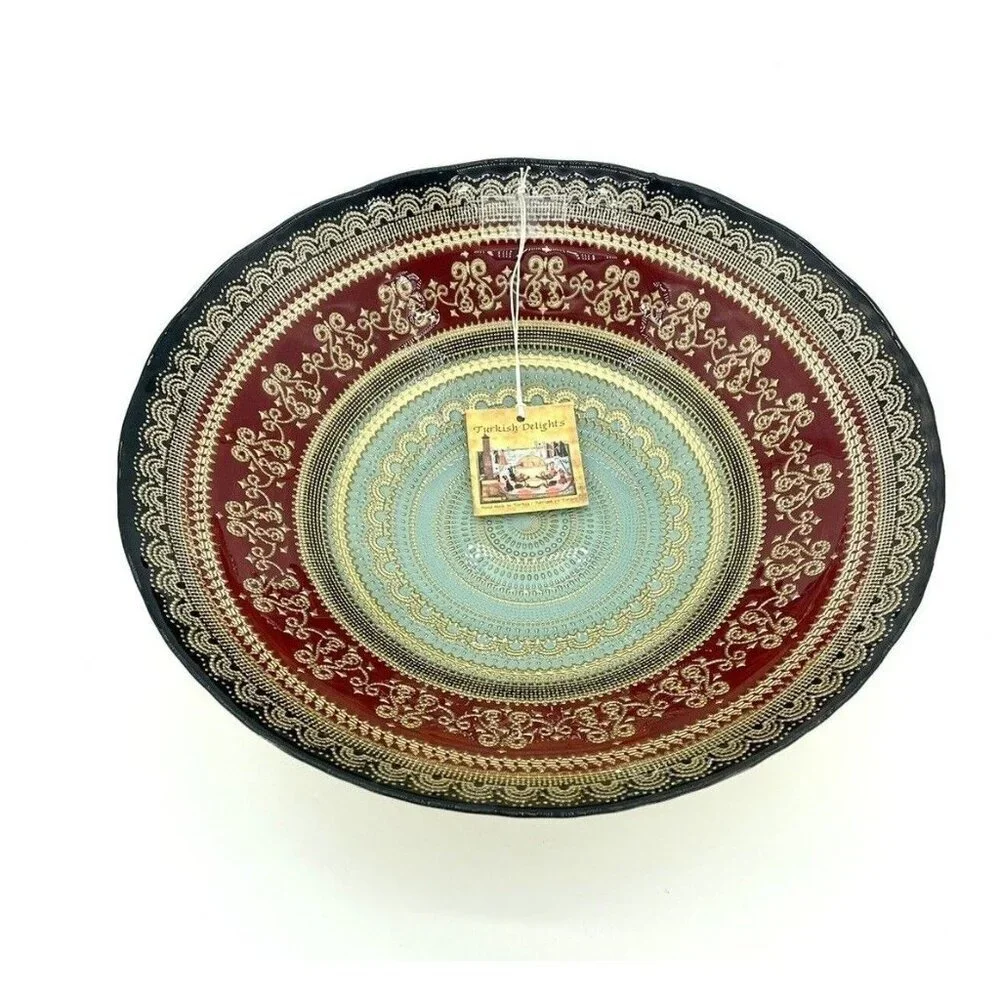 Turkish Delights Glass Bowl Serving Dinner Red Blue Gold Handmade 11.75” NWT